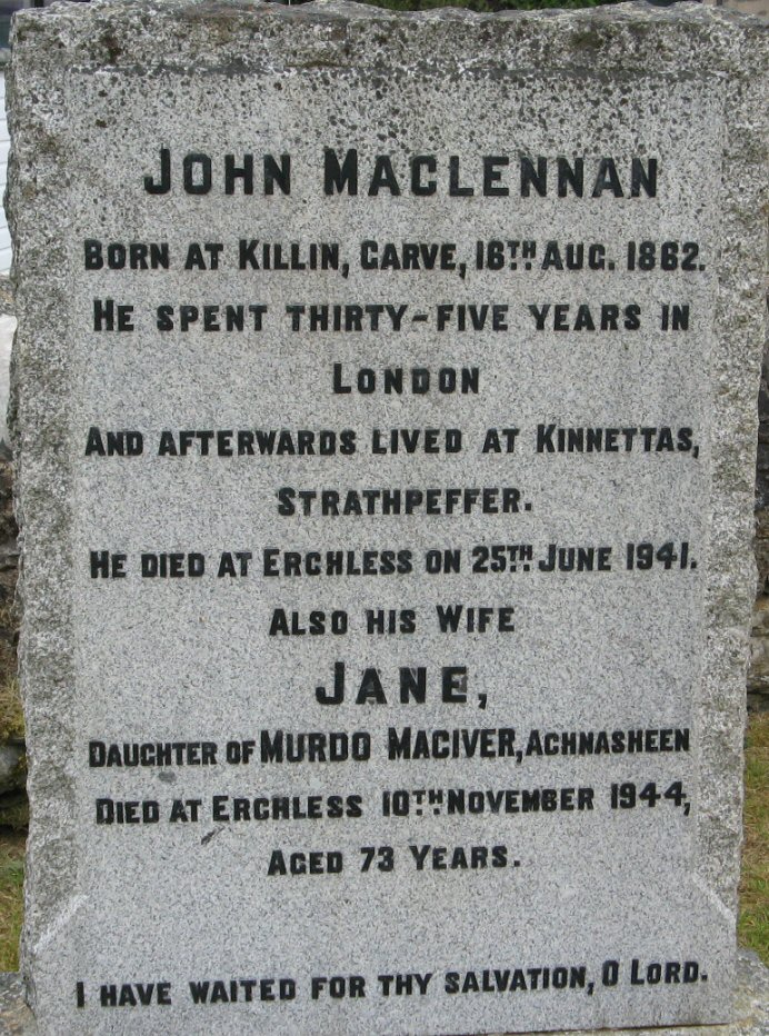 Photo of headstones/John MacLennan 1862-1944 hdstn Old Garve bgrd